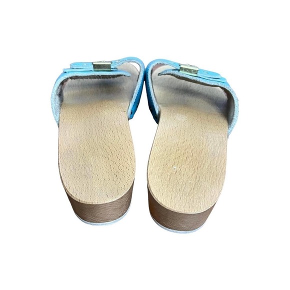 VINTAGE Dr. School's The Original Wood Sandals Slides Blue Leather - Picture 4 of 7